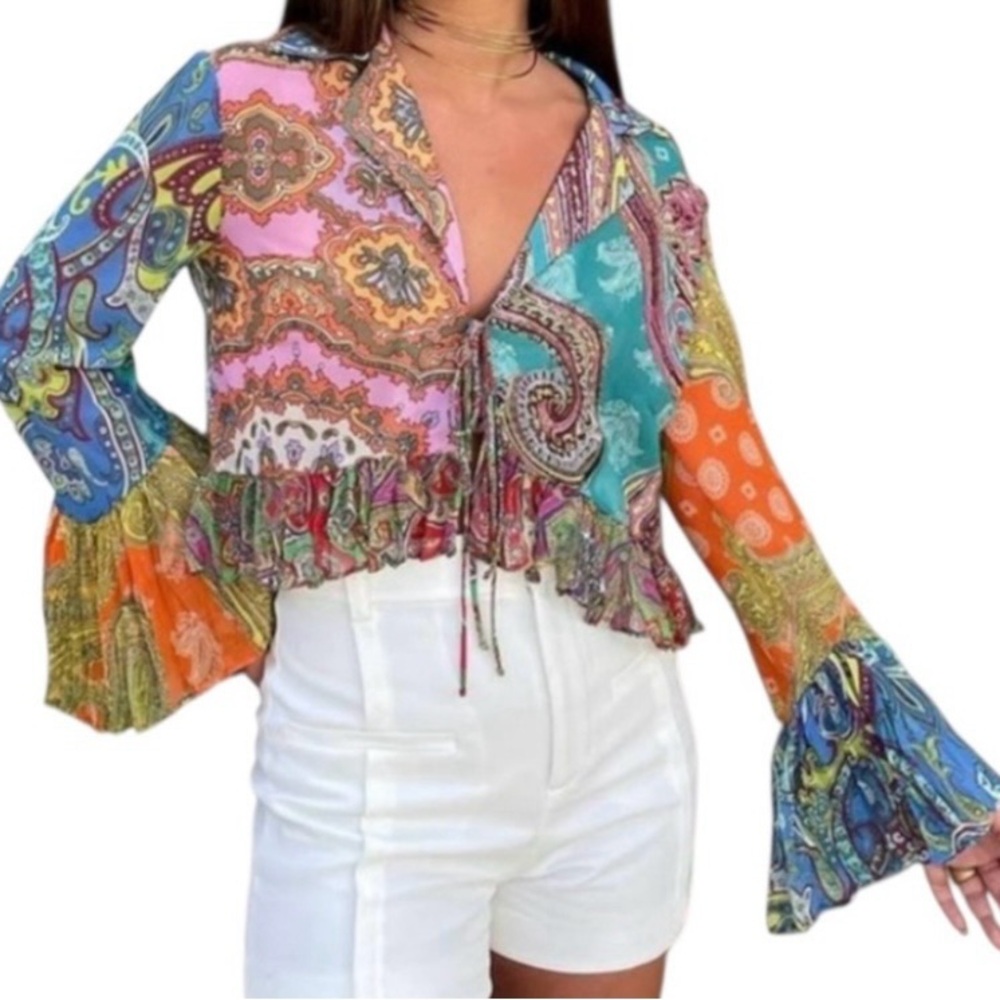 ZARA Women’s Boho Paisley Patchwork Sheer Tie Front Ruffle Top Size Medium